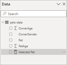 The Data panel in Power BI with a DAX measure highlighted.