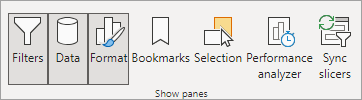 The Show Panes panel in Power BI with the Format option toggled to ON.