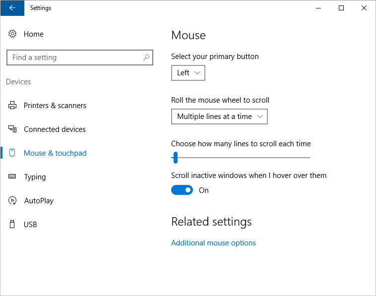 Mouse and Touchpad settings screen in Win 10