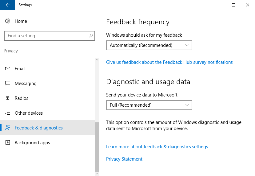 Feedback & Diagnostics settings in Windows 10