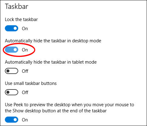 The toggle switch to automatically hide the taskbar