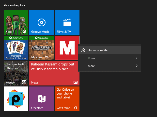 Removing a Tile from the Windows 10 Start Menu