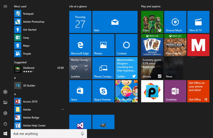 The full Windows 10 Start Menu