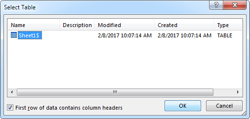 Selecting the Excel worksheet to use as a data source