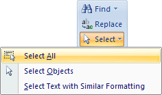 The Select item on the Editing panel, Word 2007