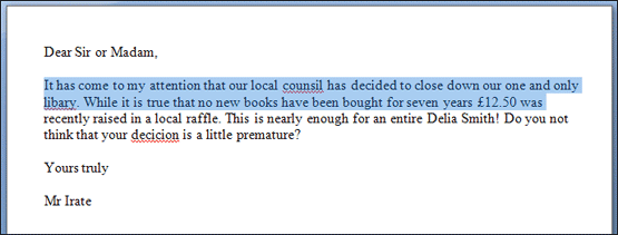 Two lines of a letter highlighted in Microsoft Word