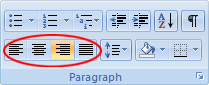 Alignment icons in Word 2007 and Word 2010 are on the Paragraph panel