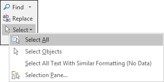 The Select item on the Editing panel, Word 2010 to 2016